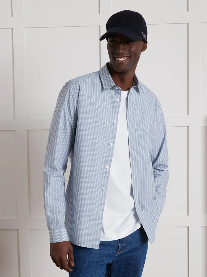 Men Clothing Cyrillus SlimFit Shirt With ThreeColor Stripes Rayure Verte