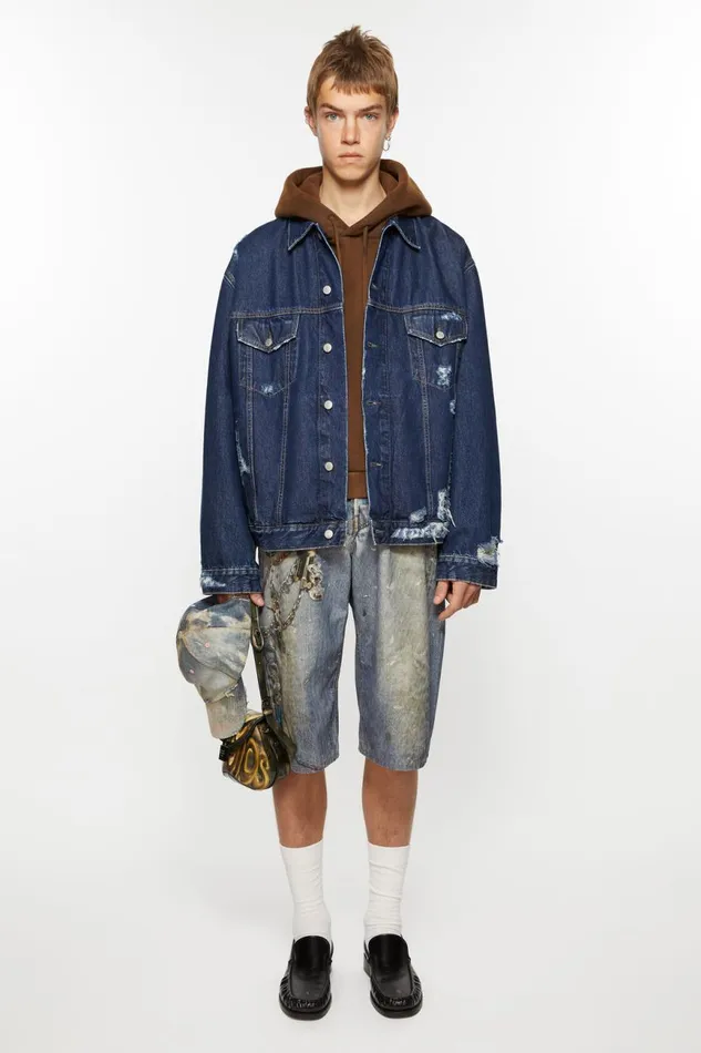 Men Distressed Denim Jacket 8211 Relaxed Fit Mid Blue Acne Studios Outerwear