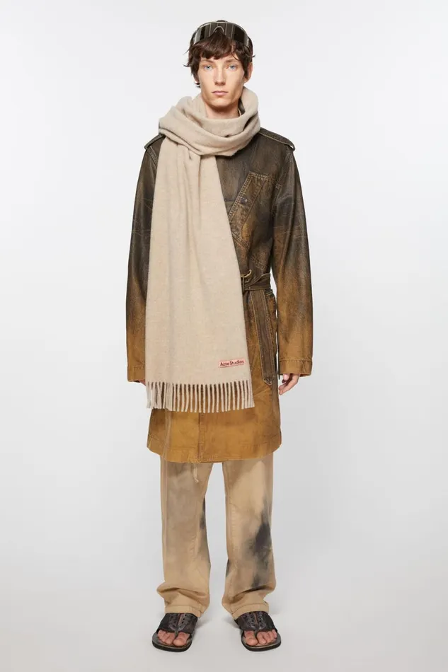 Men Fringe Wool Scarf 8211 Oversized Oatmeal Melange Acne Studios Scarves