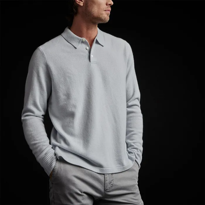 MEN James Perse SWEATERS Recycled Cashmere Long Sleeve Polo Clear Blue