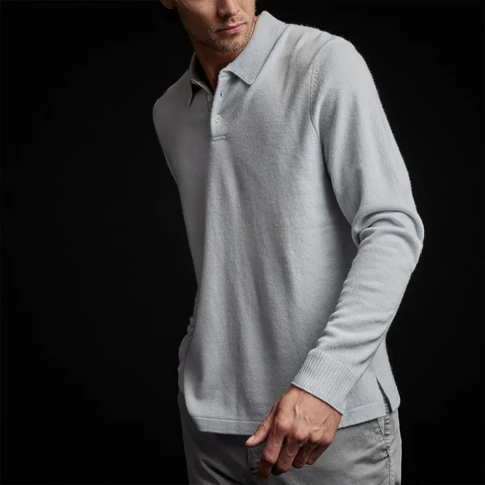 MEN James Perse SWEATERS Recycled Cashmere Long Sleeve Polo Clear Blue
