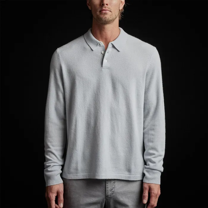 MEN James Perse SWEATERS Recycled Cashmere Long Sleeve Polo Clear Blue