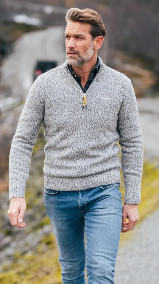 Men Knitwear NZA New Zealand Auckland Grey Wool HalfZip Pullover 8211 Birch Grey Melange