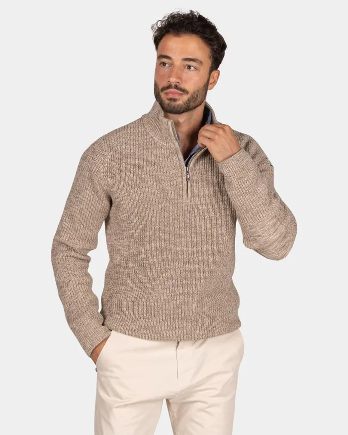 Men Knitwear NZA New Zealand Auckland Mottled Brown HalfZip Sweater 8211 Chestnut