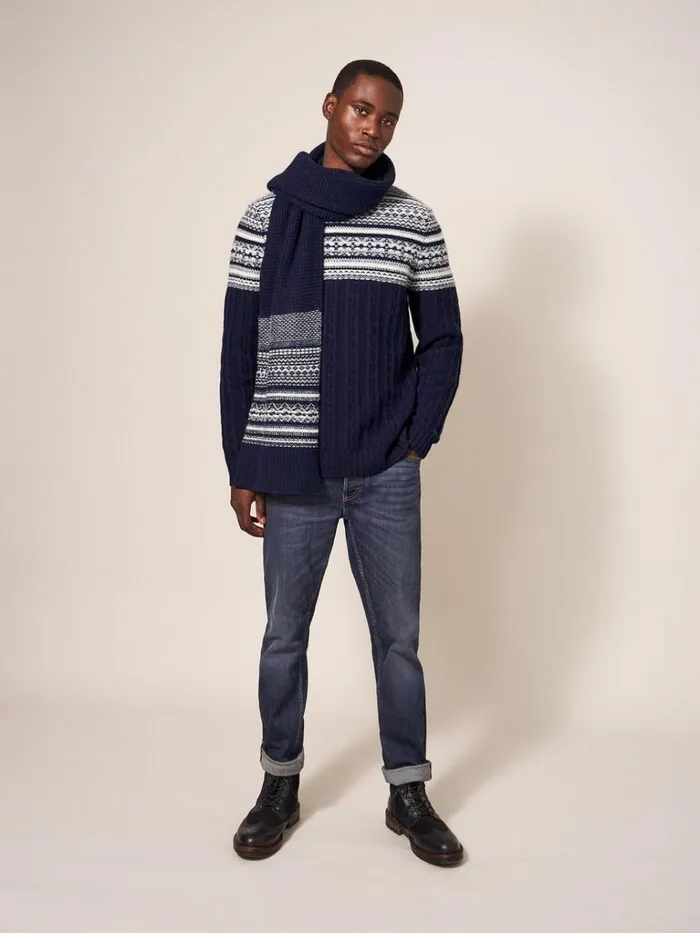 Men KNITWEAR White Stuff Cable Fairisle Crew Dark Navy