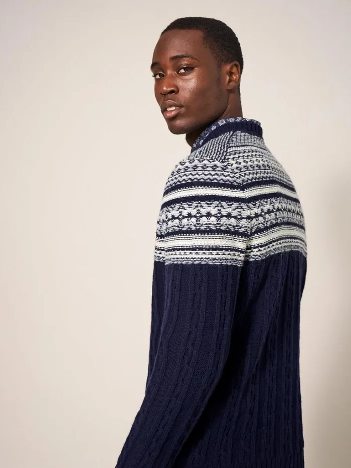 Men KNITWEAR White Stuff Cable Fairisle Crew Dark Navy Men KNITWEAR White Stuff Cable Fairisle Crew Dark Navy