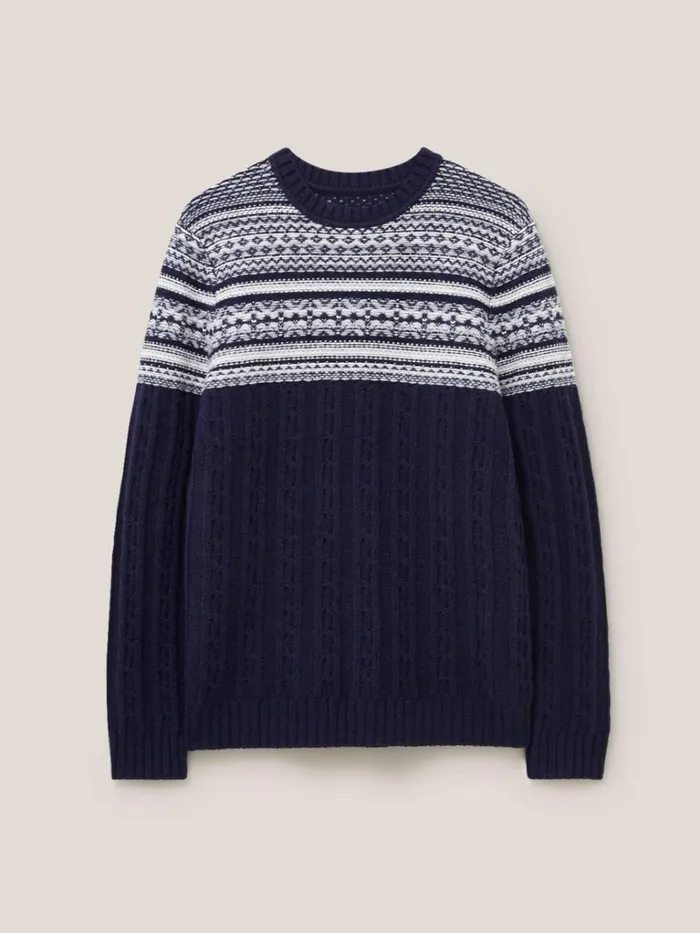 Men KNITWEAR White Stuff Cable Fairisle Crew Dark Navy Men KNITWEAR White Stuff Cable Fairisle Crew Dark Navy