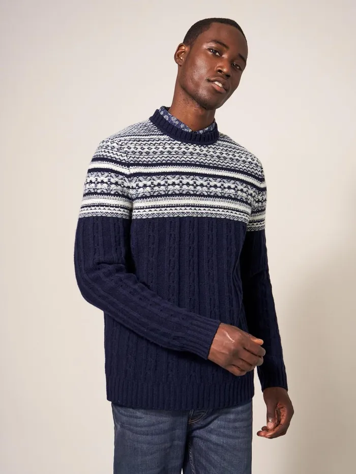 Men KNITWEAR White Stuff Cable Fairisle Crew Dark Navy Men KNITWEAR White Stuff Cable Fairisle Crew Dark Navy