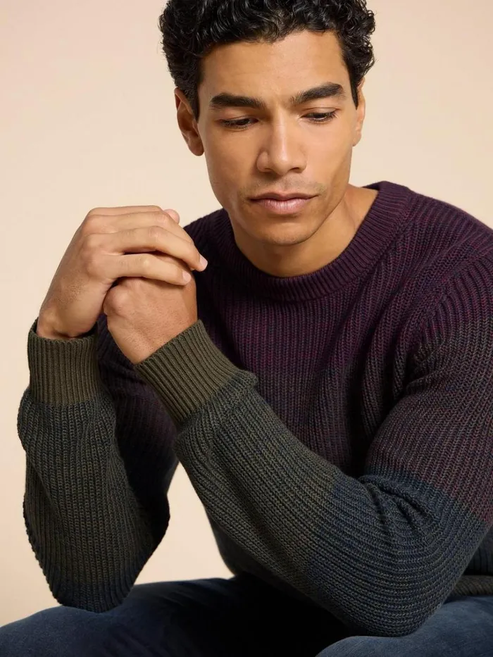 Men KNITWEAR White Stuff Twisted Colourblock Jumper Plum Multi Men KNITWEAR White Stuff Twisted Colourblock Jumper Plum Multi