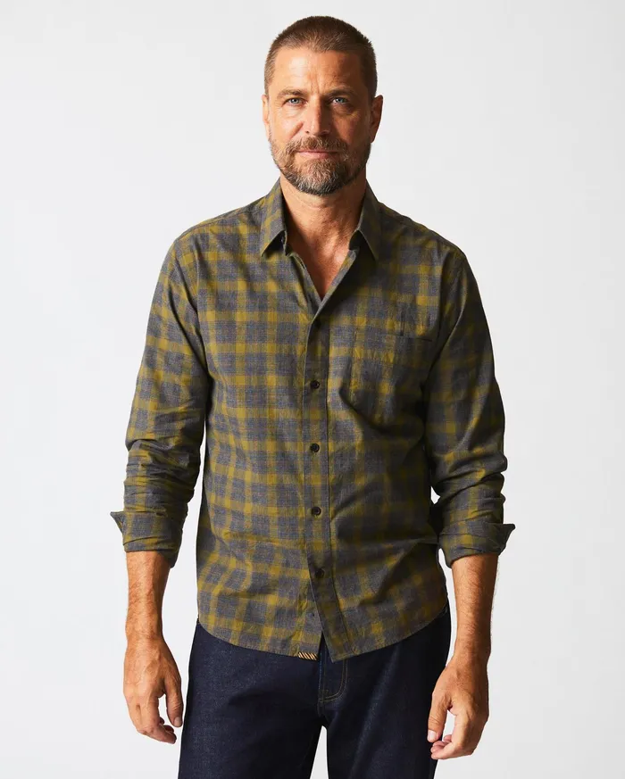 Men Melange Shadow Plaid Tuscumbia Shirt Greyolive Billy Reid Shirting