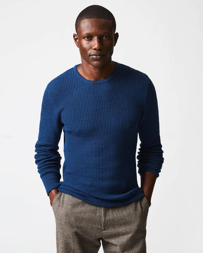 Men Mini Waffle Crew Denim Blue Billy Reid Sweaters and Sweatshirts