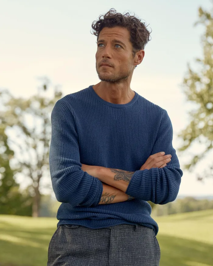 Men Mini Waffle Crew Denim Blue Billy Reid Sweaters and Sweatshirts