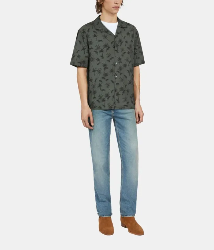 Men Shirts THE KOOPLES Khaki Palm Tree Print Short Sleeve Shirt Men Shirts THE KOOPLES Khaki Palm Tree Print Short Sleeve Shirt