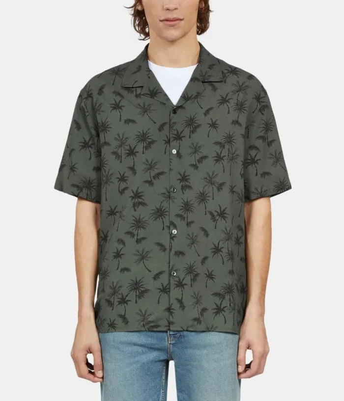 Men Shirts THE KOOPLES Khaki Palm Tree Print Short Sleeve Shirt Men Shirts THE KOOPLES Khaki Palm Tree Print Short Sleeve Shirt