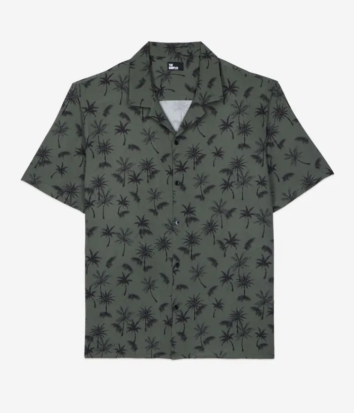 Men Shirts THE KOOPLES Khaki Palm Tree Print Short Sleeve Shirt Men Shirts THE KOOPLES Khaki Palm Tree Print Short Sleeve Shirt