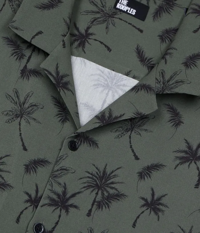 Men Shirts THE KOOPLES Khaki Palm Tree Print Short Sleeve Shirt Men Shirts THE KOOPLES Khaki Palm Tree Print Short Sleeve Shirt