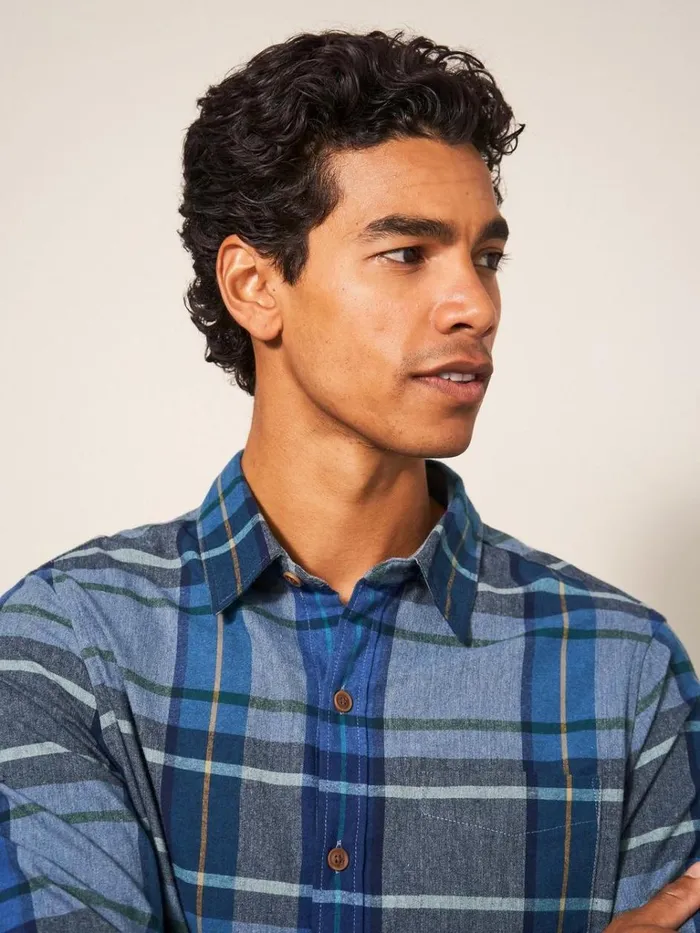 Men SHIRTS White Stuff Moxley Brushed Check Shirt Mid Blue Men SHIRTS White Stuff Moxley Brushed Check Shirt Mid Blue