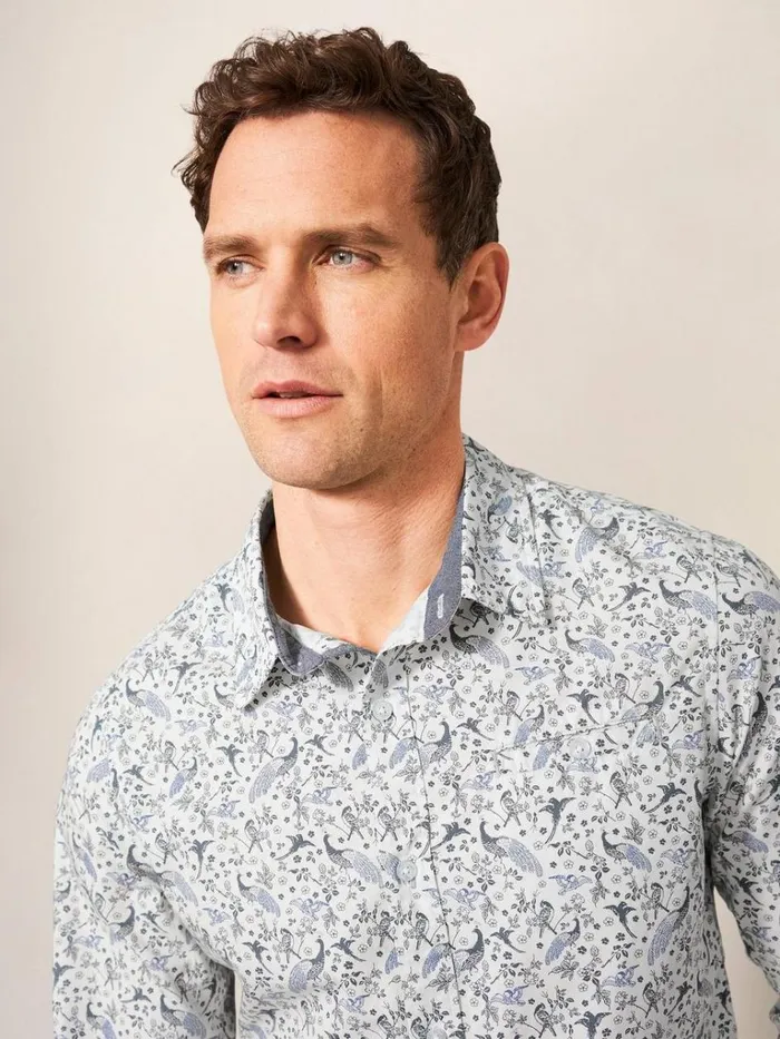 Men SHIRTS White Stuff Peacock Printed Slim Fit Shirt Natural White