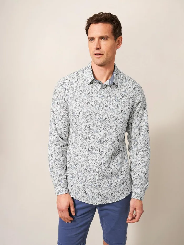 Men SHIRTS White Stuff Peacock Printed Slim Fit Shirt Natural White Men SHIRTS White Stuff Peacock Printed Slim Fit Shirt Natural White