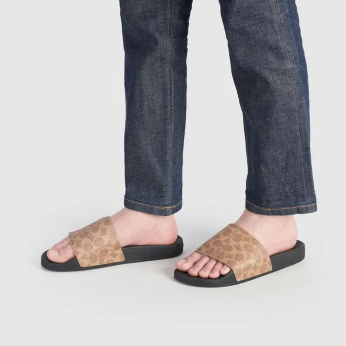 Men Slide Tan Signature Coach Sandals and Slides
