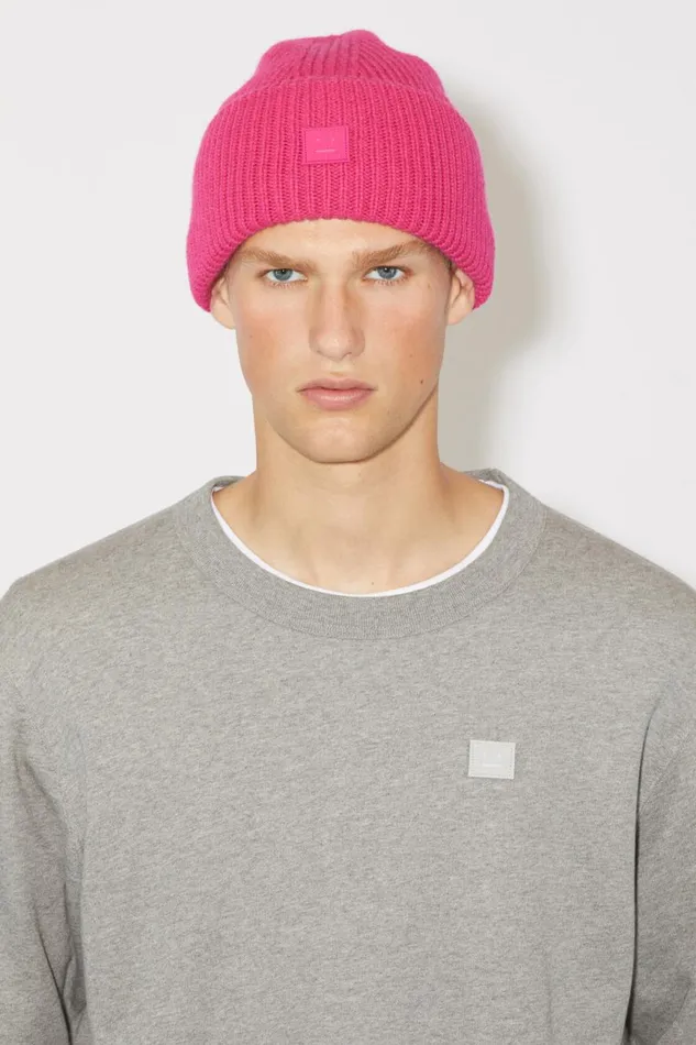 Men Small Face Logo Beanie Bright Pink Acne Studios Hats