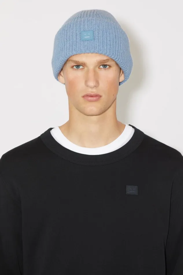 Men Small Face Logo Beanie Steel Blue Melange Acne Studios Hats
