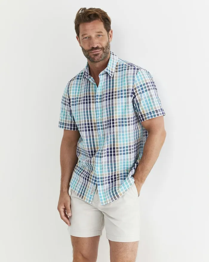 Men Sportscraft Shirts Knot Short Sleeve Check Shirt Blue Multi