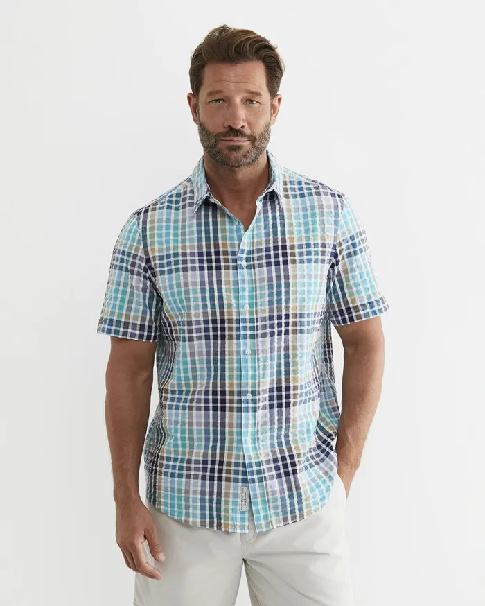 Men Sportscraft Shirts Knot Short Sleeve Check Shirt Blue Multi
