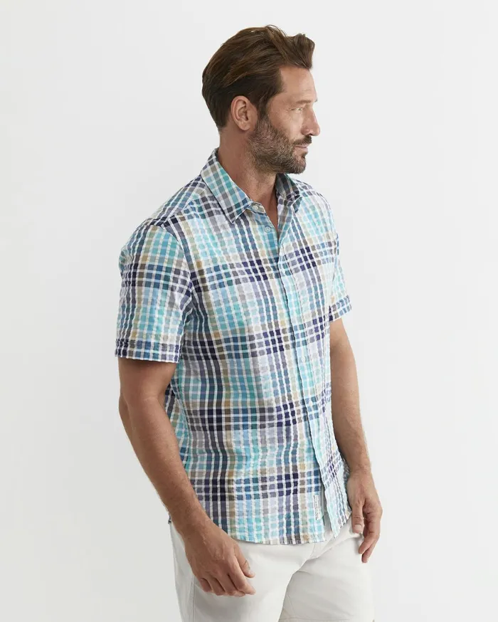 Men Sportscraft Shirts Knot Short Sleeve Check Shirt Blue Multi