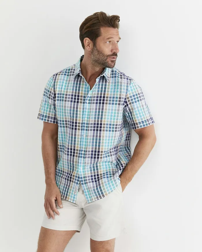 Men Sportscraft Shirts Knot Short Sleeve Check Shirt Blue Multi