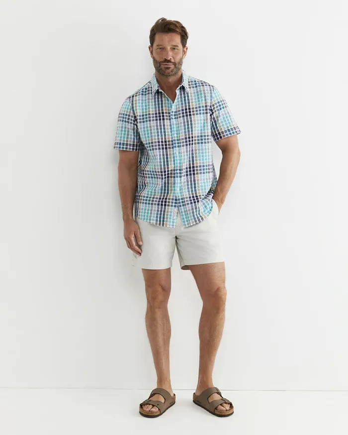 Men Sportscraft Shirts Knot Short Sleeve Check Shirt Blue Multi