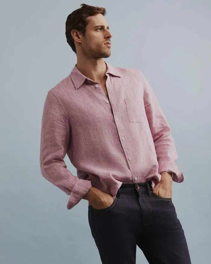 Men Sportscraft Shirts Long Sleeve Linen Shirt Dark Pink