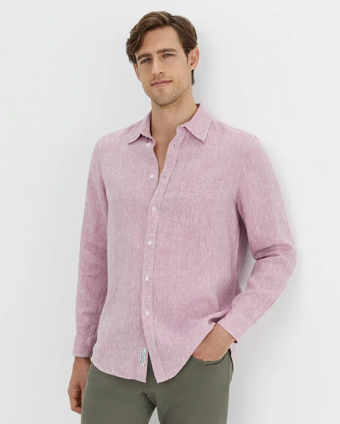 Men Sportscraft Shirts Long Sleeve Linen Shirt Dark Pink