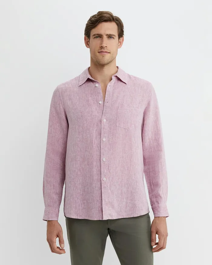 Men Sportscraft Shirts Long Sleeve Linen Shirt Dark Pink