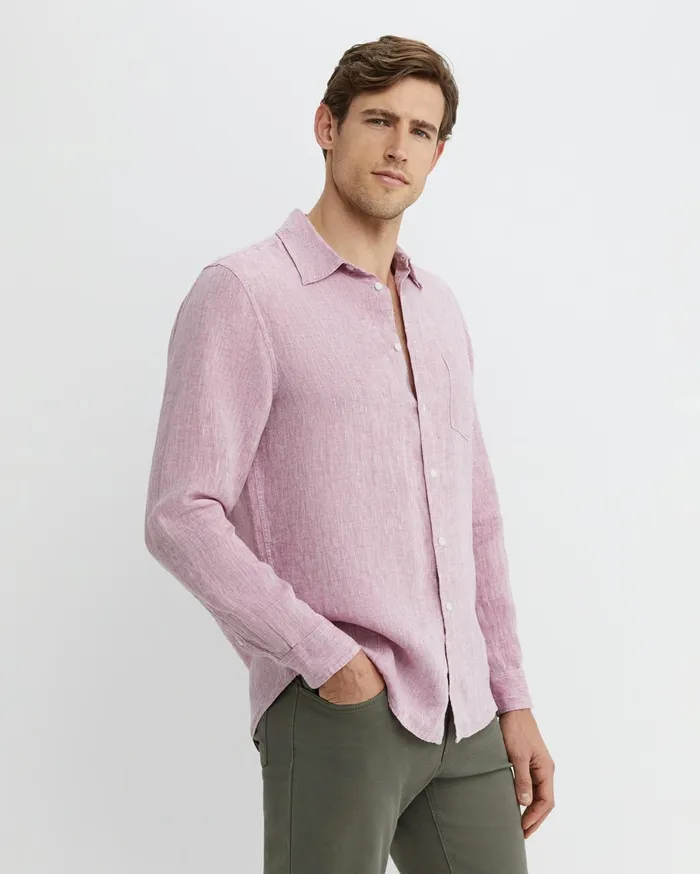 Men Sportscraft Shirts Long Sleeve Linen Shirt Dark Pink