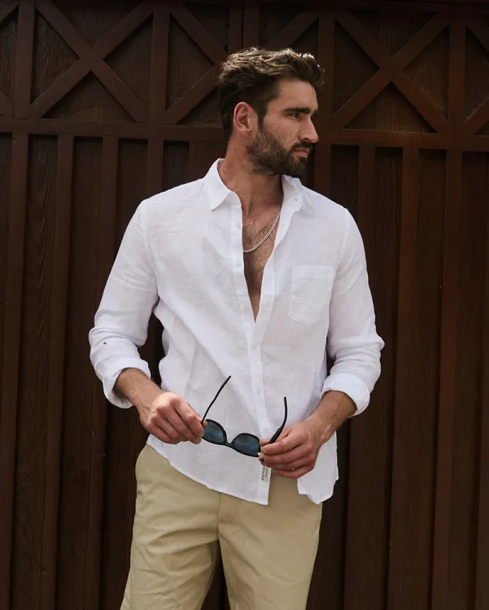 Men Sportscraft Shirts Long Sleeve Linen Shirt White