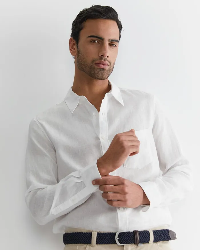 Men Sportscraft Shirts Long Sleeve Linen Shirt White