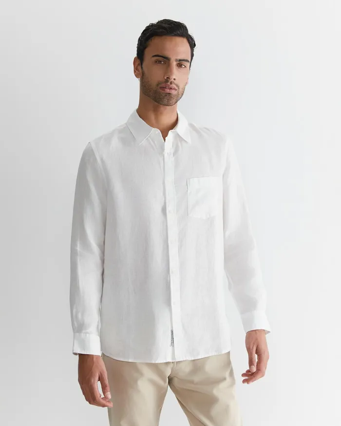 Men Sportscraft Shirts Long Sleeve Linen Shirt White