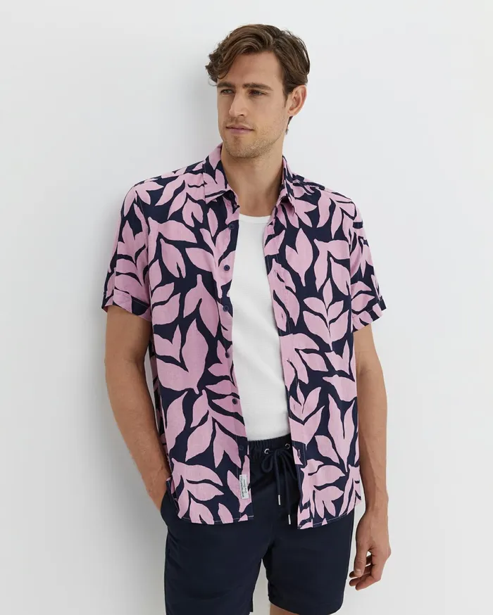Men Sportscraft Shirts Ossary Short Sleeve Print Shirt Pinknavy