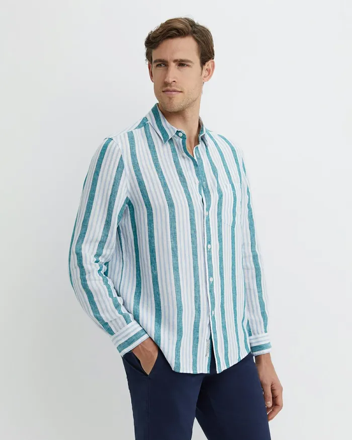 Men Sportscraft Shirts Pointon Long Sleeve Stripe Shirt Whiteblue