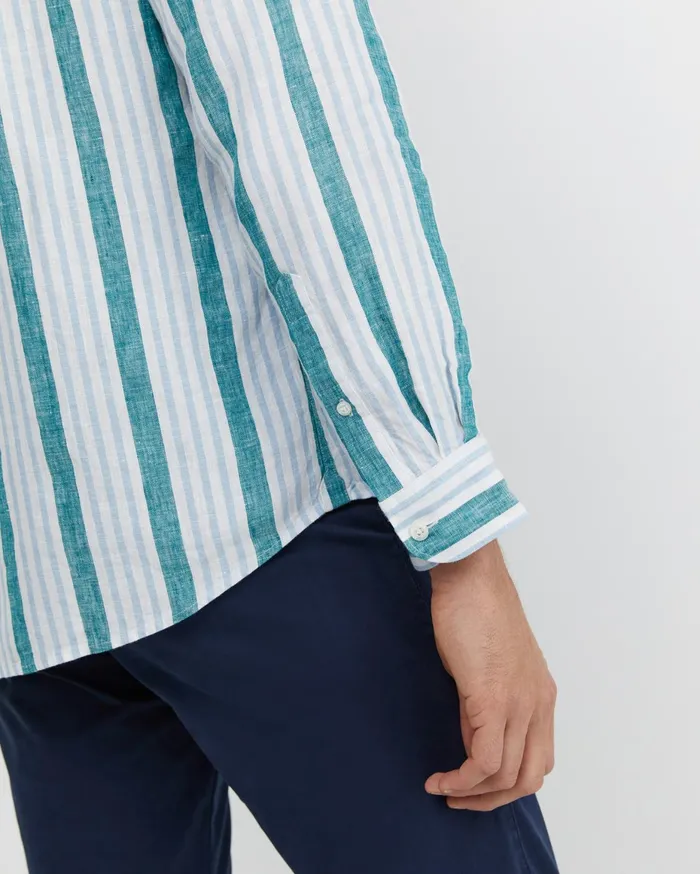 Men Sportscraft Shirts Pointon Long Sleeve Stripe Shirt Whiteblue