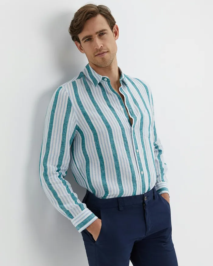 Men Sportscraft Shirts Pointon Long Sleeve Stripe Shirt Whiteblue