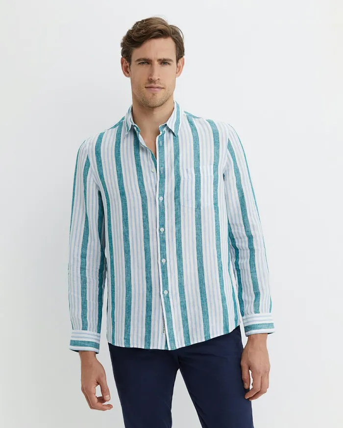 Men Sportscraft Shirts Pointon Long Sleeve Stripe Shirt Whiteblue