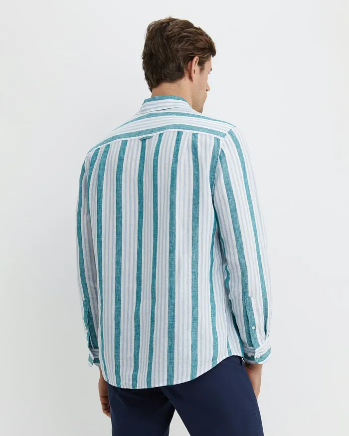 Men Sportscraft Shirts Pointon Long Sleeve Stripe Shirt Whiteblue