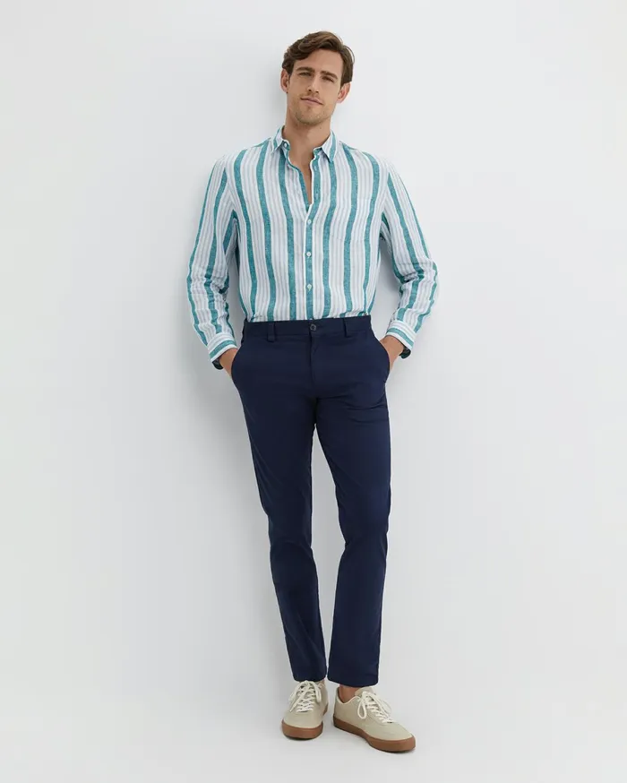 Men Sportscraft Shirts Pointon Long Sleeve Stripe Shirt Whiteblue