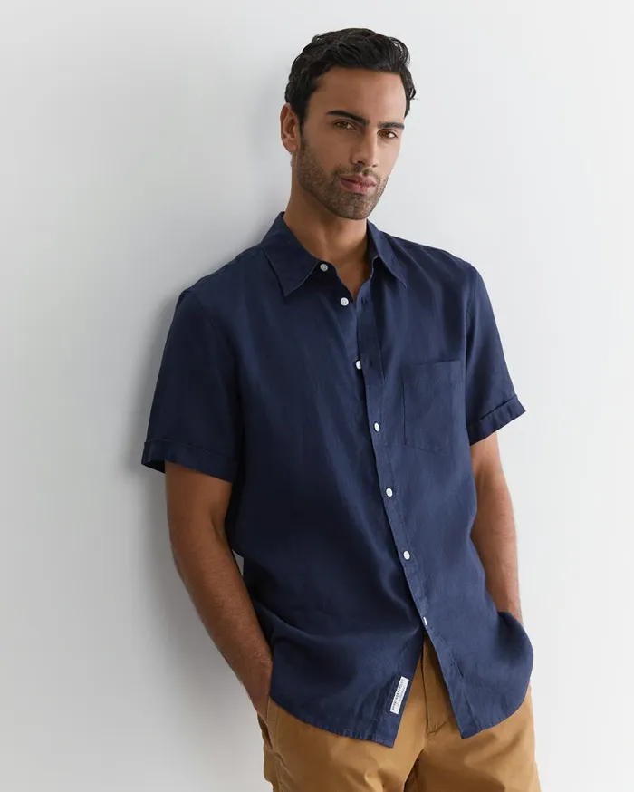 Men Sportscraft Shirts Short Sleeve Linen Shirt Navy