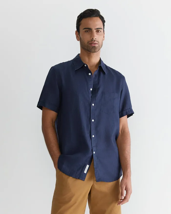 Men Sportscraft Shirts Short Sleeve Linen Shirt Navy
