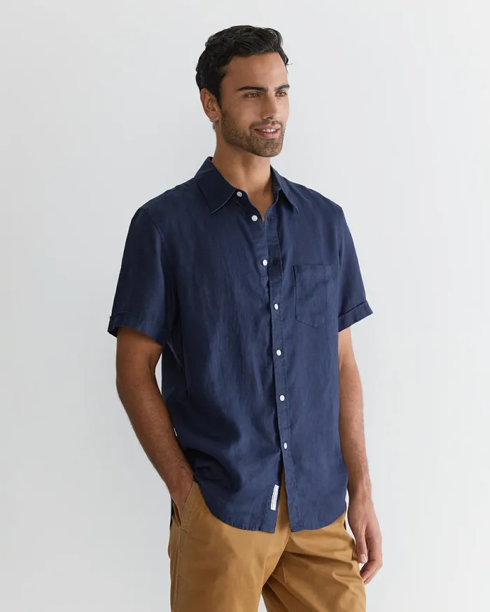 Men Sportscraft Shirts Short Sleeve Linen Shirt Navy