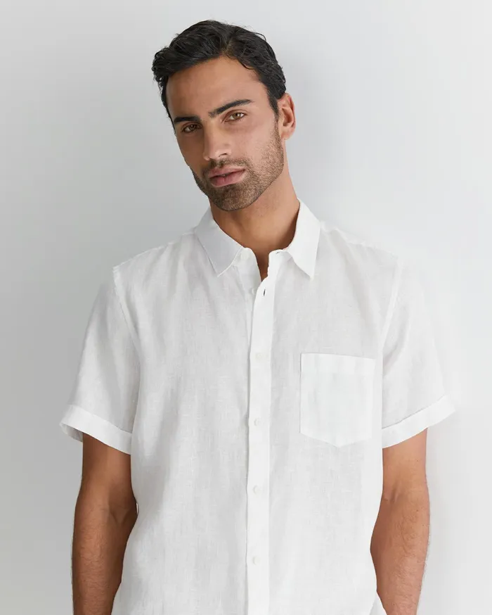 Men Sportscraft Shirts Short Sleeve Linen Shirt White