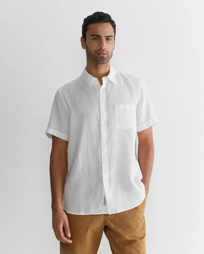 Men Sportscraft Shirts Short Sleeve Linen Shirt White